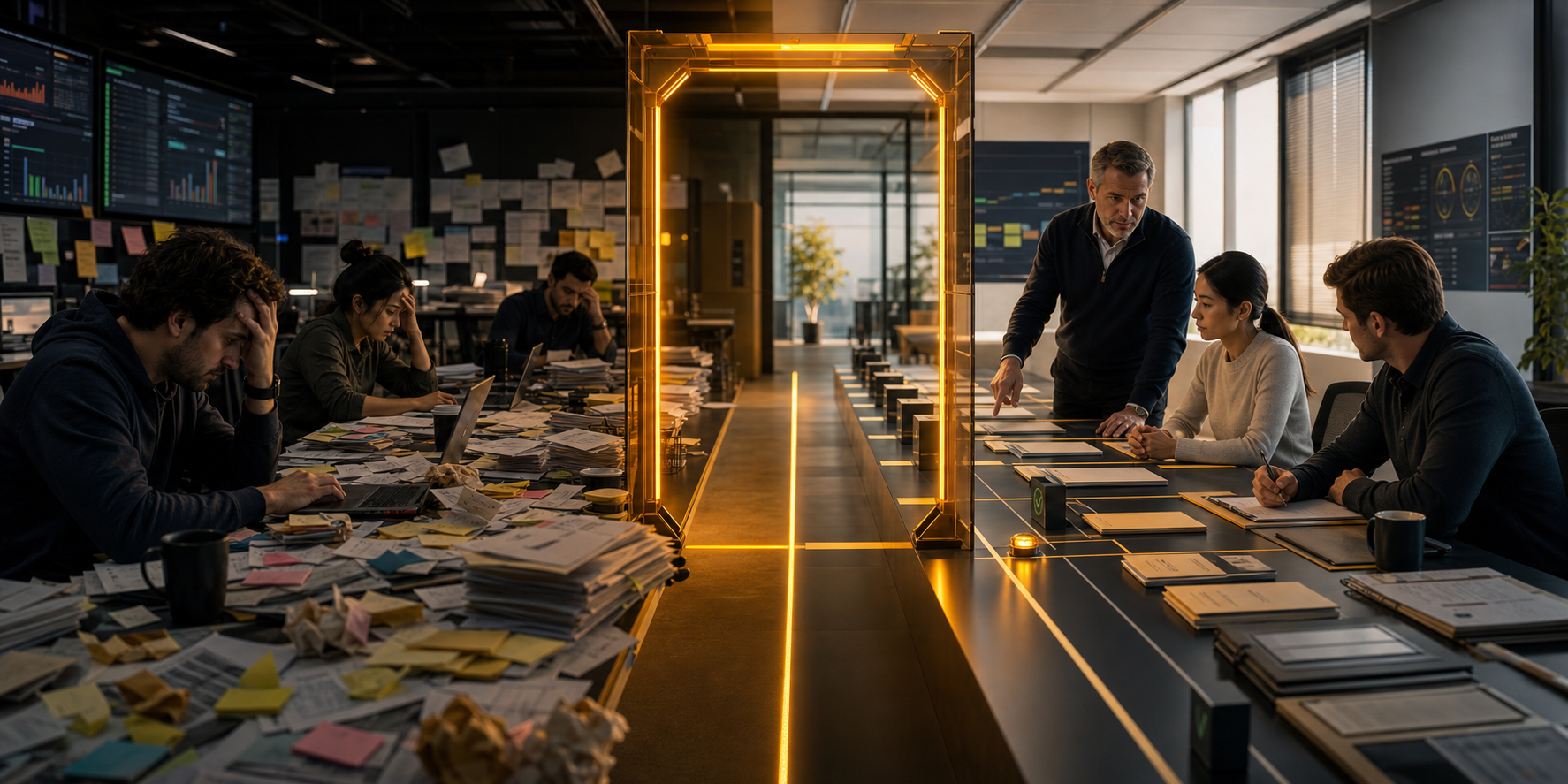 An overloaded technology planning table becoming a calm human-gated AI delivery runway.