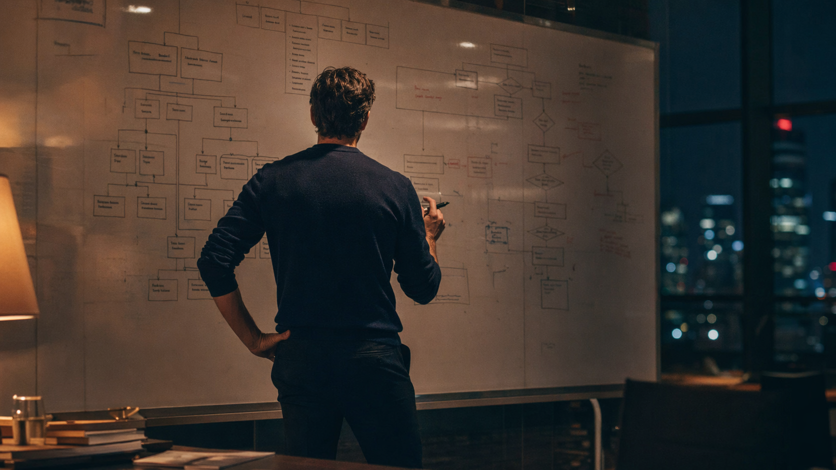 David Crowder at a whiteboard mapping an operational workflow