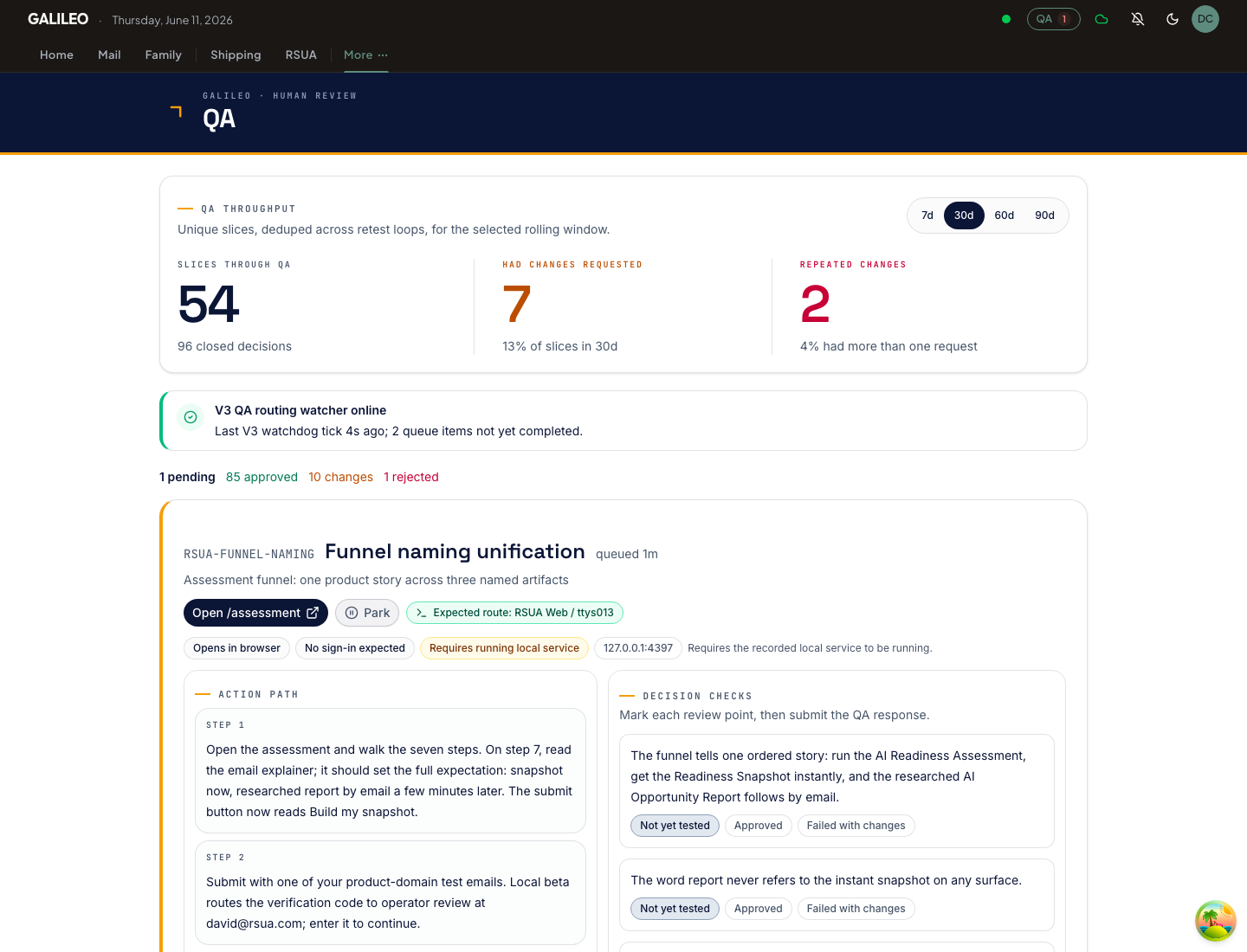 QA decision desk showing agent work queued for human review.