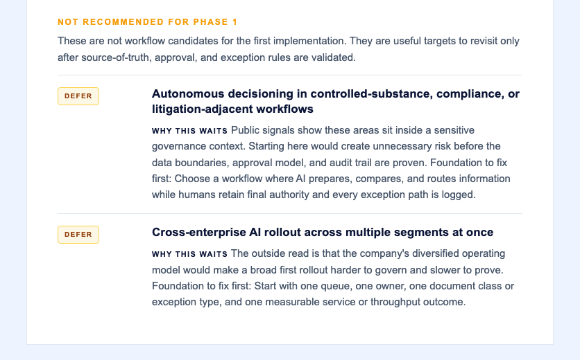 Not recommended for phase 1 excerpt from the sample report.
