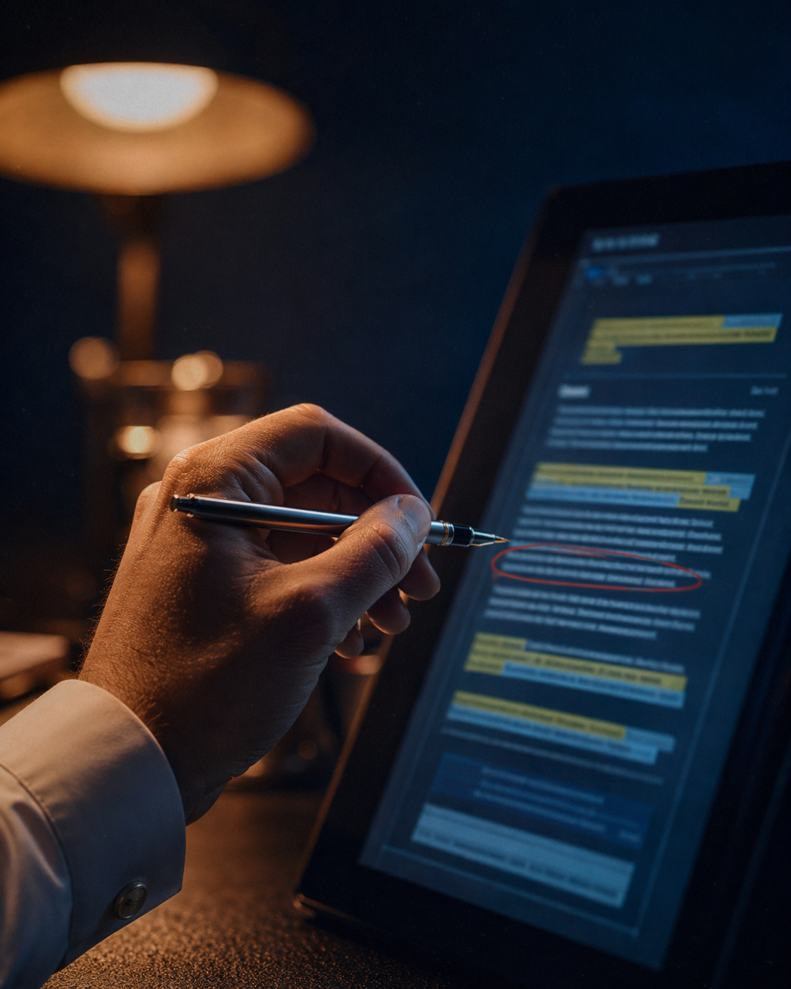 A document being reviewed by a human operator with annotations over an AI-assisted workflow